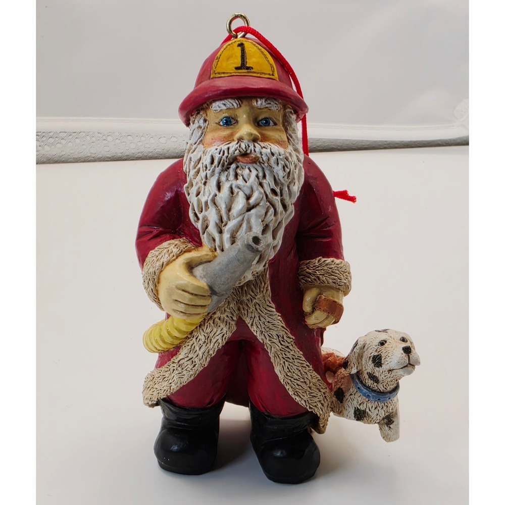 Firefighter Santa Claus Christmas Ornament Dalmatian Dog Resin Fireman 4" Flaw